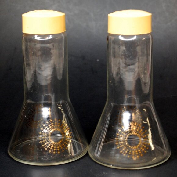 Salt & Pepper Sunburst Vintage Pyrex Atomic Clear Glass Shakers Gold MCM - Picture 5 of 7
